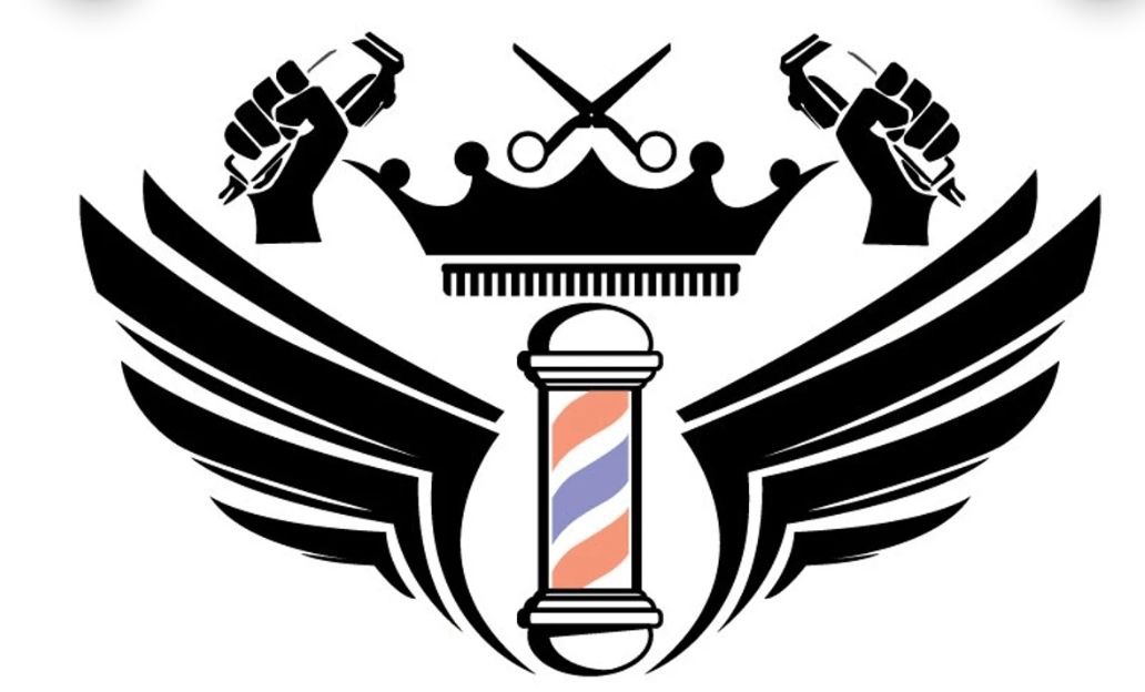 JegedEdge emblem: barber pole with wings, crown, scissors and clippers